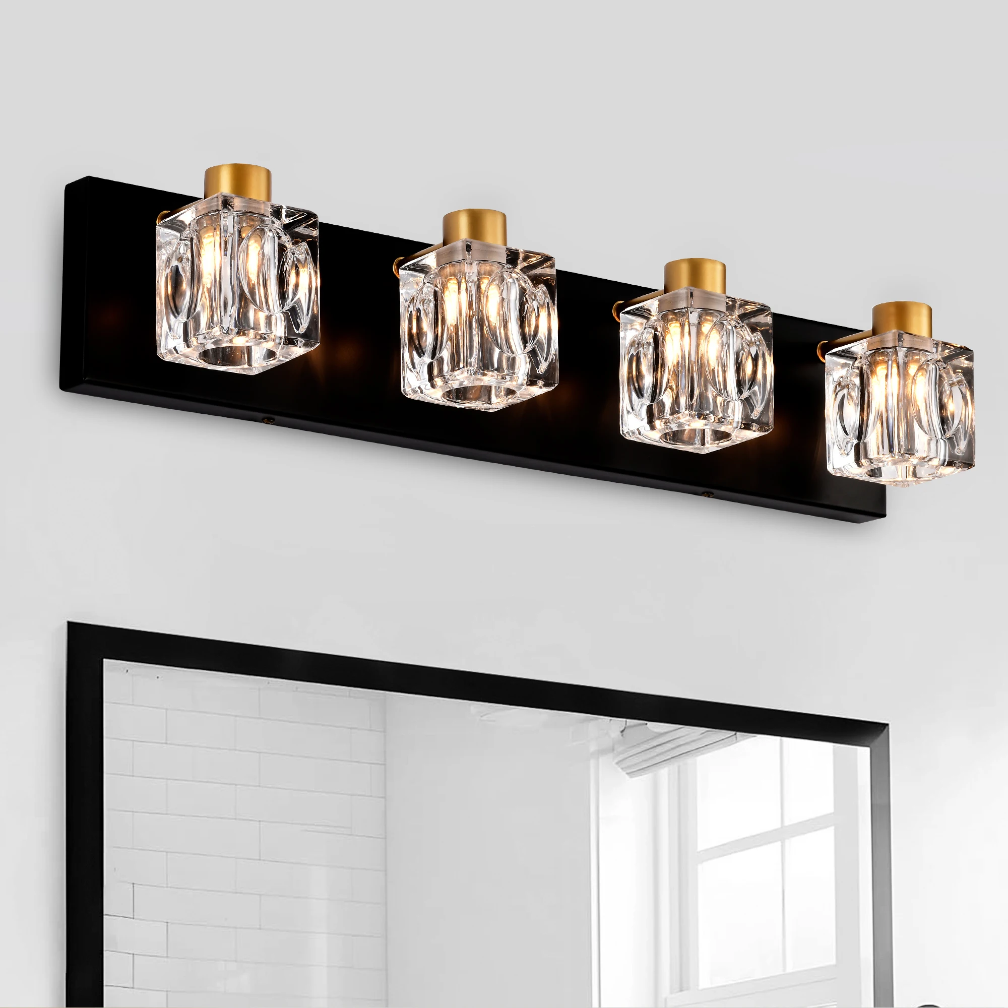 

4-Light Matte Black + Gold Bathroom Light Fixtures, Modern Vanity Lights with Crystal Glass Shade, Vintage Light Fixture Bathroo