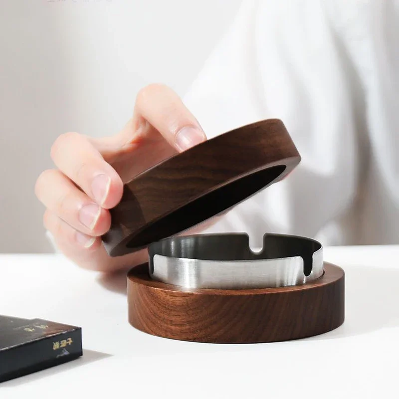 1 قطعة منافض السجائر الخشبية الجوز مع غطاء مغطاة يندبروف منفضة سجائر الفولاذ المقاوم للصدأ بطانة داخلي في الهواء الطلق طفاية سجائر للمنزل #4