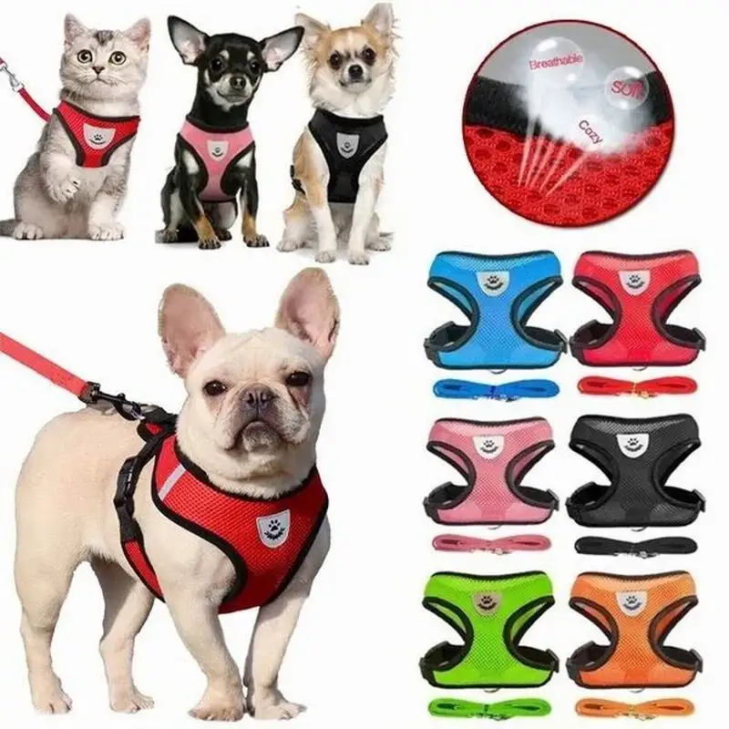 

Dogs Cat Vest Harness With Leash Set Breathable Pet Chest Straps For Puppy Pug Chihuahua York Reflective Bulldog Walking Leash