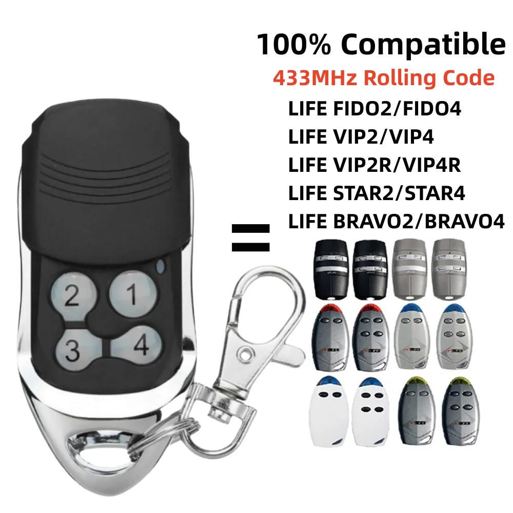 LIFE FIDO2 / FIDO4/ VIP2 / VIP4 / VIP2R / VIP4R, STAR2 / STAR4/BRAVO2 / BRAVO4 Rolling Code 433.92MHZ Garage Door Remote Control