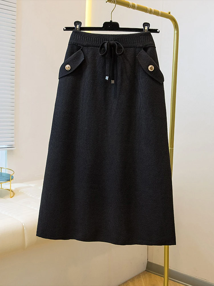 Women's High Waist Stretchy Knit Pencil Skirt Casual Elegant Drawstring A-Line Slimming Bodycon Midi Skirt for Fall and Winter
