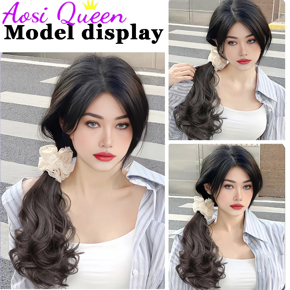 AOSI Synthetic Ponytail Wig For Women New Chinese Style Bow Half-tied Low Ponytail Side Pear Curl Claw Clip Ponytail