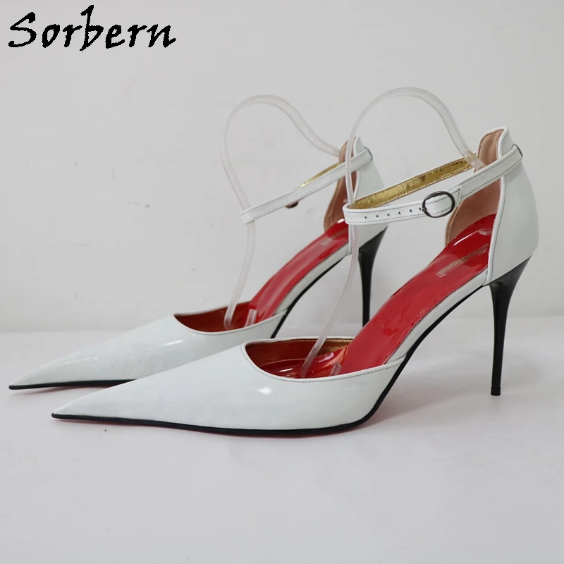 

Sorbern White Real Leather Women Pump Pointed Toe Ankle Strap Mature Sissy Girls Style Shoes 11Cm Metal Heeled Custom Colors