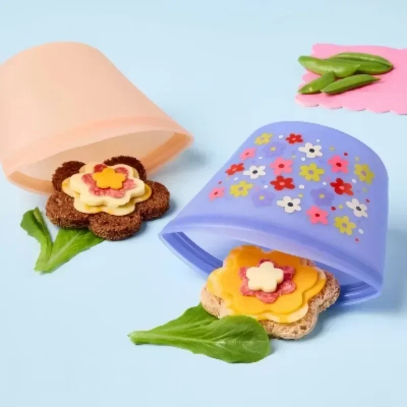 مجموعة أطفال مكونة من كيس ساندويتش قابل لإعادة الاستخدام بنمط الأزهار - حلقة إغلاق من السيليكون