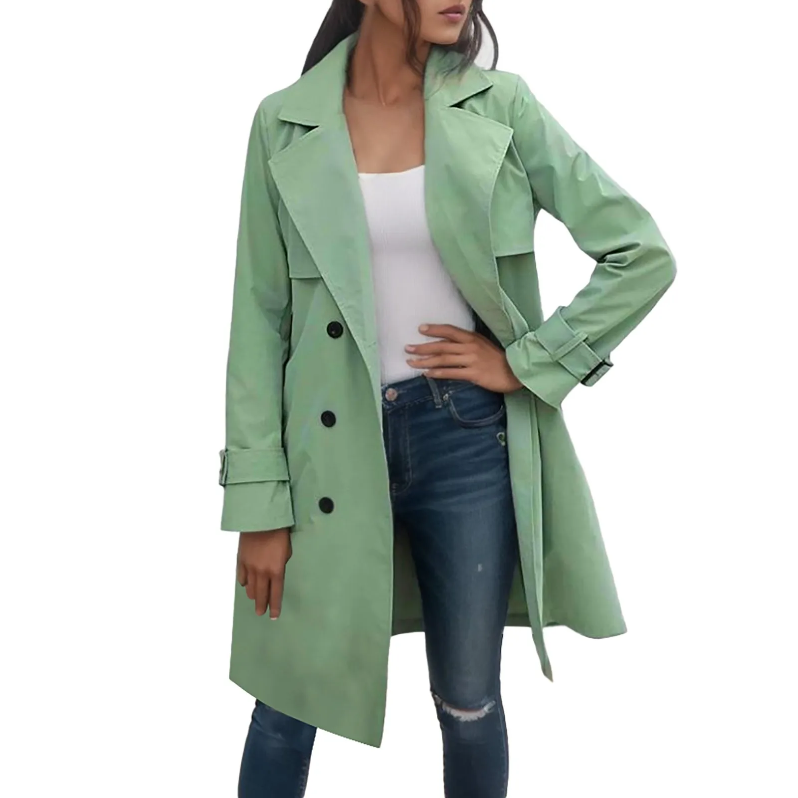 Fashion Women Casual Solid Color Coat Adults Autumn Elagant Fashion Long Sleeve Lapel Neckdouble Breasted Belted Trench Coat