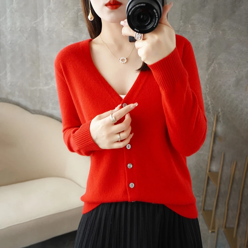 Spring And Autumn New Women Exquisite V-neck Knitted Cardigan Women Thin Loose Outside With Solid Color Knitted Cardigan-ZD035