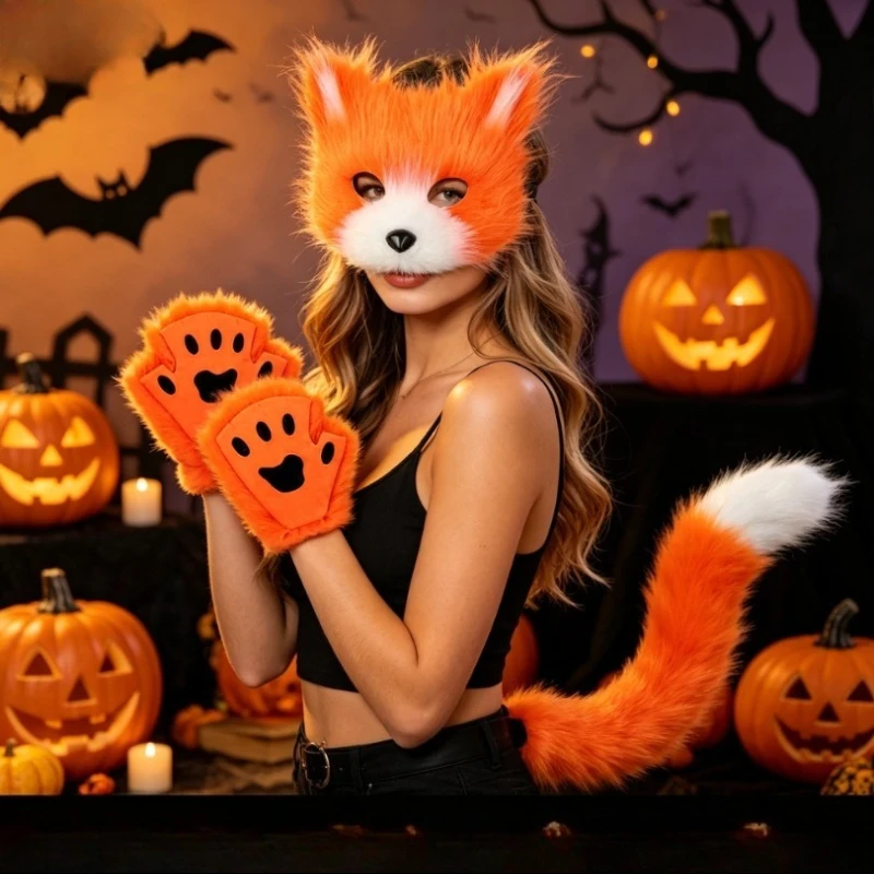 Ladies Furry Cat Face Mask with Gloves and Removable Tail for Halloween Stage Play and Themed Event Costume Accessory