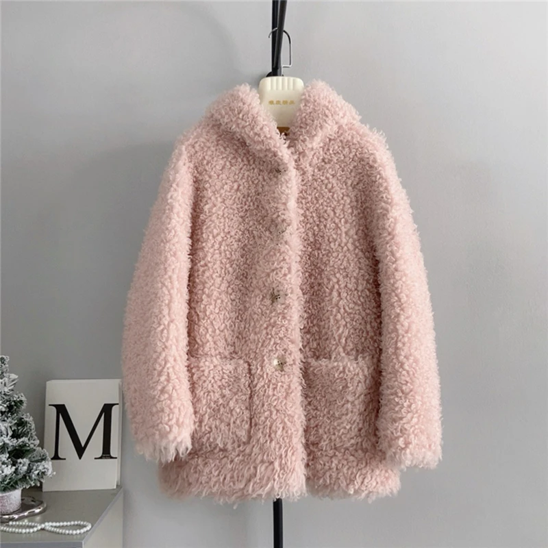 Abrigos con capucha de lana de cordero Real para mujer, abrigos largos medios de piel, chaquetas versátiles, bolsillos de botonadura única, abrigos gruesos y cálidos, Invierno