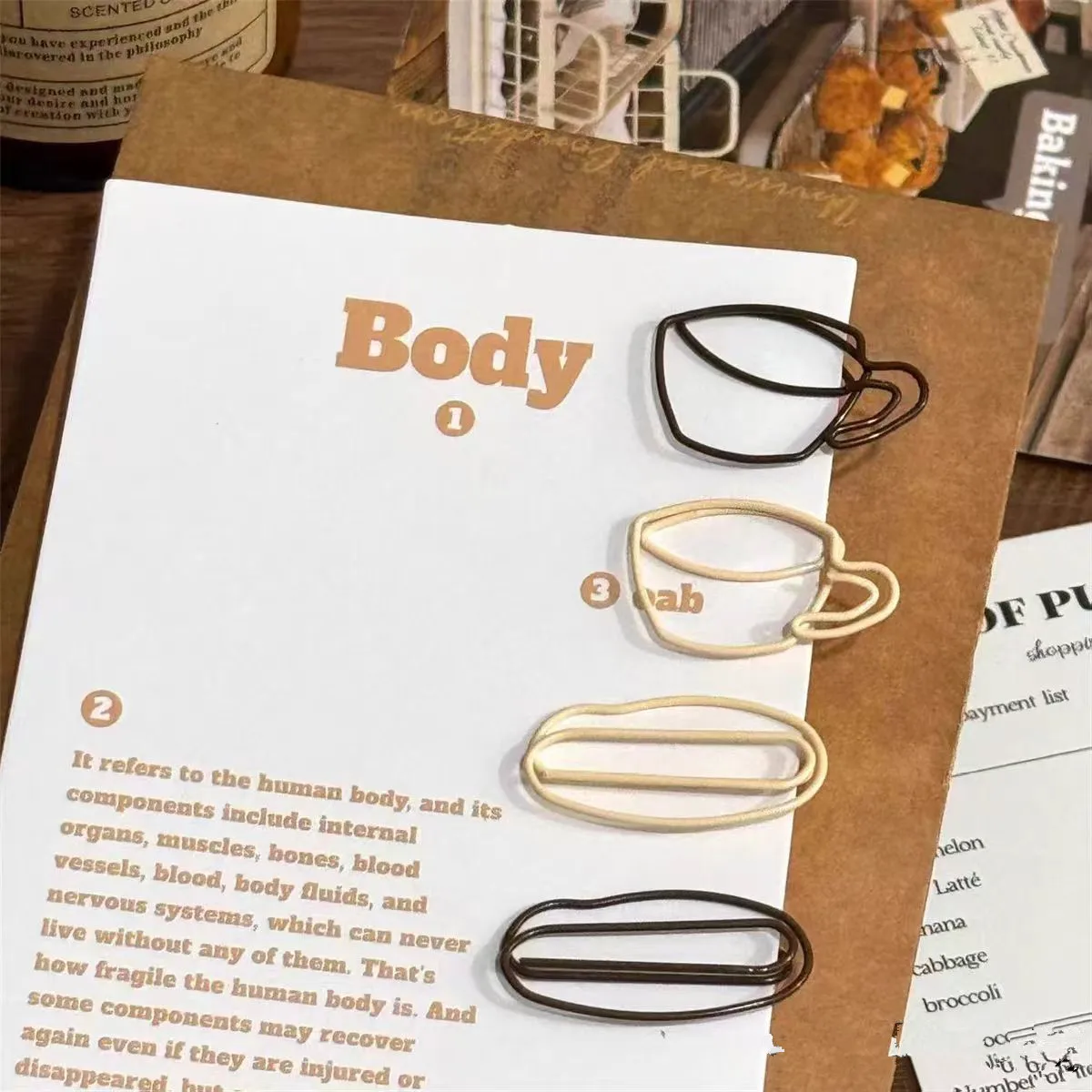 الحب القهوة القدح شكل ورقة كليب لطيف مخطط ديكور خاص على شكل دبابيس ورق معدنية المرجعية حبوب البن دبابيس الورق بالجملة #5