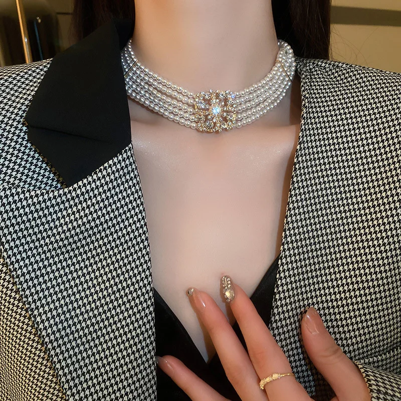 Korean Style Five Multilayer Pearl Choker Necklaces for Women Crystal Zircon flowers Necklaces Weddings Bride Jewelry