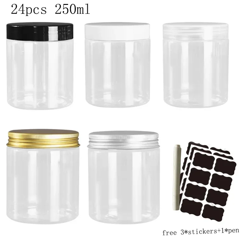 24Pcs 250ml Storage Jars with Lids Clear Round Canister Empty Plastic Cosmetic Jar Food Storage Containers Travel Kitchen Supply