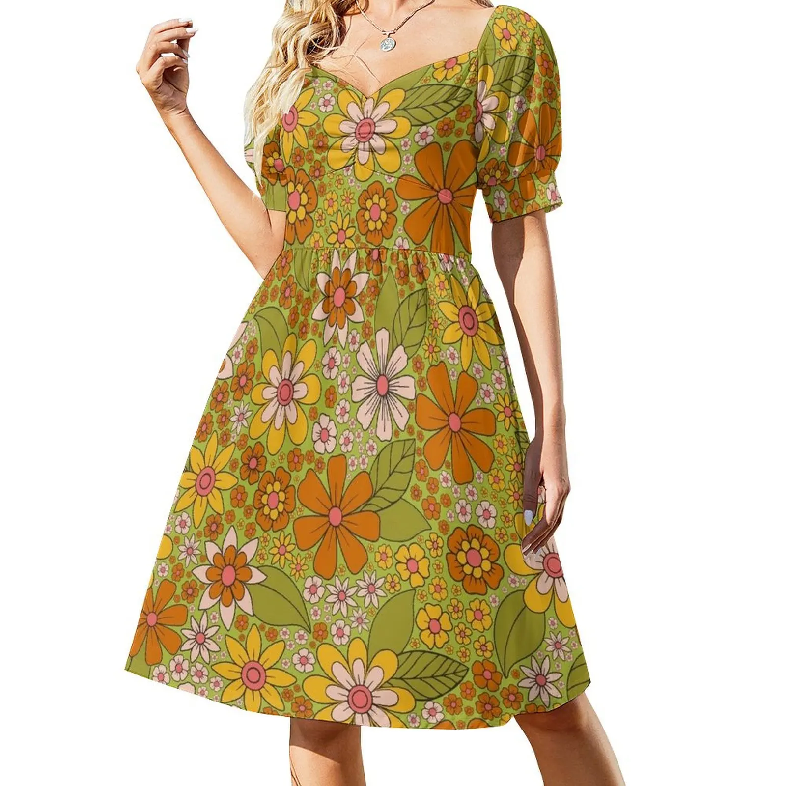 

1960s, 1970s Retro Floral in Green, Pink & Orange - Flower Power Short Sleeved Dress clothing women summer 2025 Dress