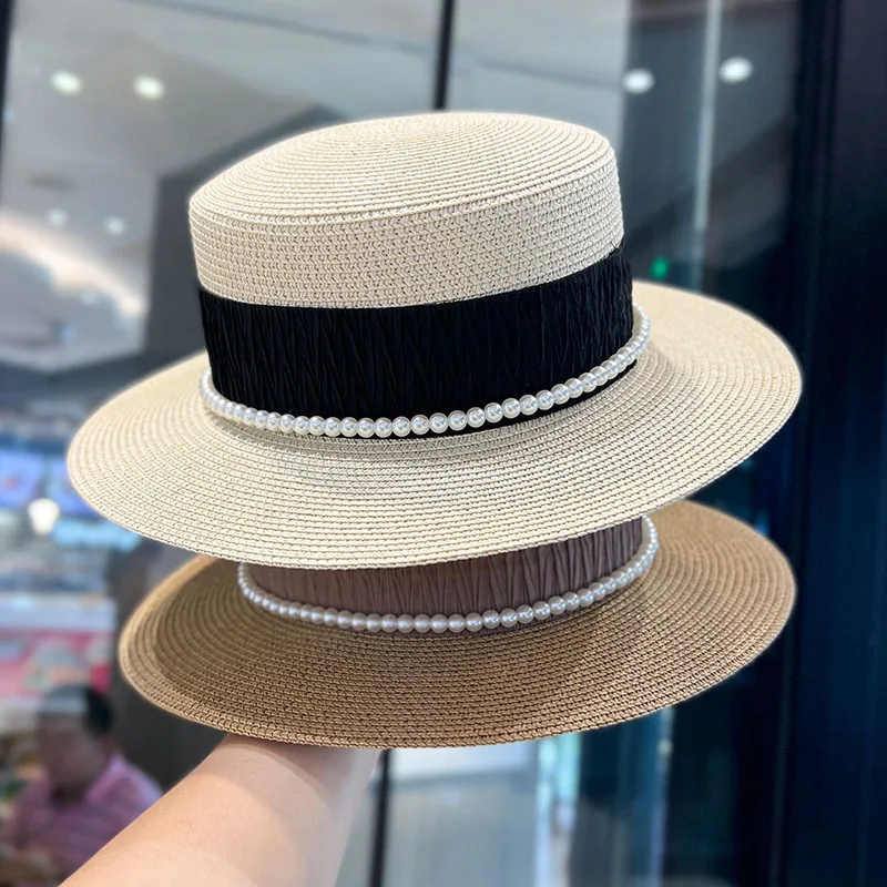 

Straw hat women's summer fashion sunscreen hat French pearl flat top hat outdoor vacation beach hat Sun Hat For Women