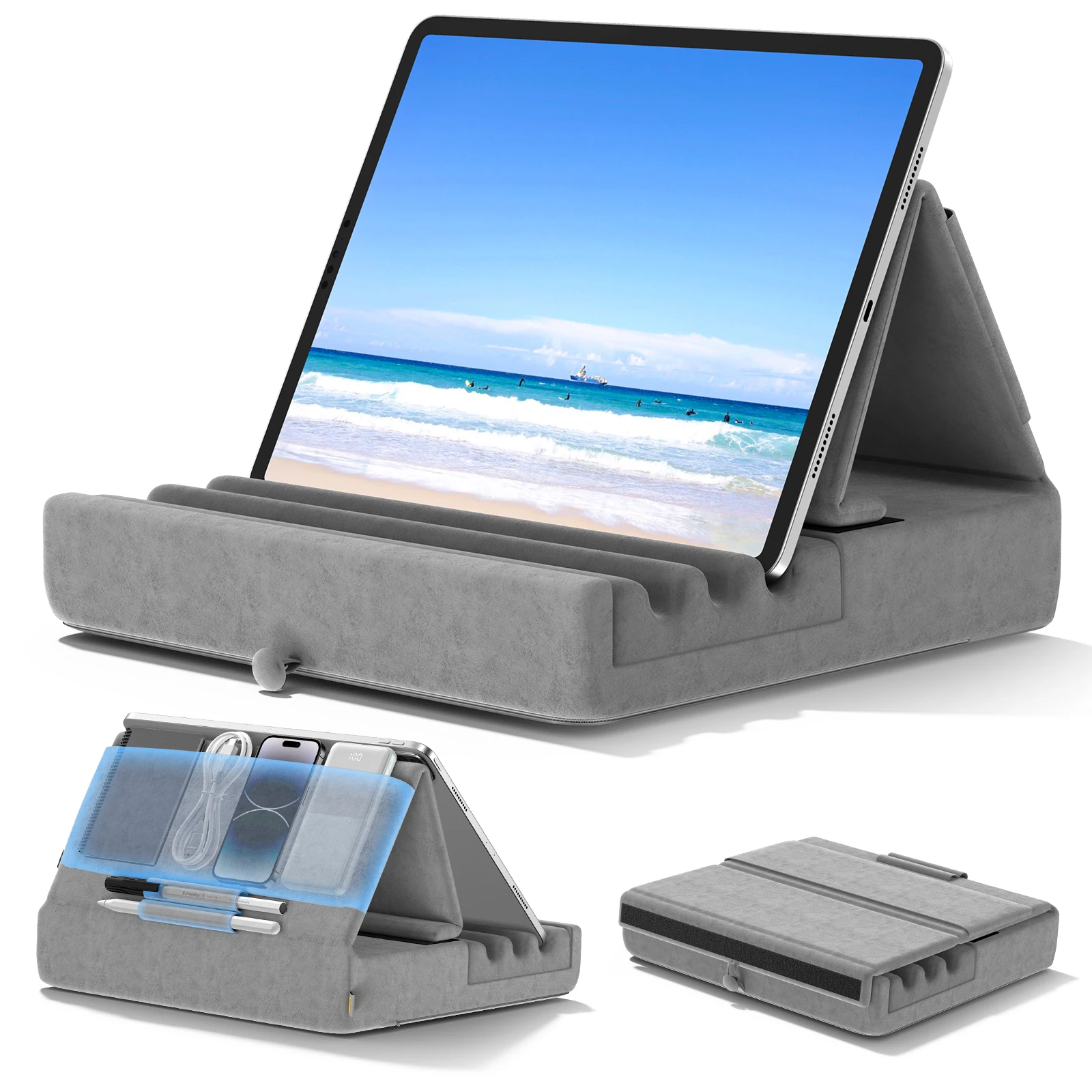 Tablet Pillow Holder Foldable iPad Stand for Lap Bed and Desk Tablet Soft Pad Dock with Pocket & Stylus Mount For iPad Pro