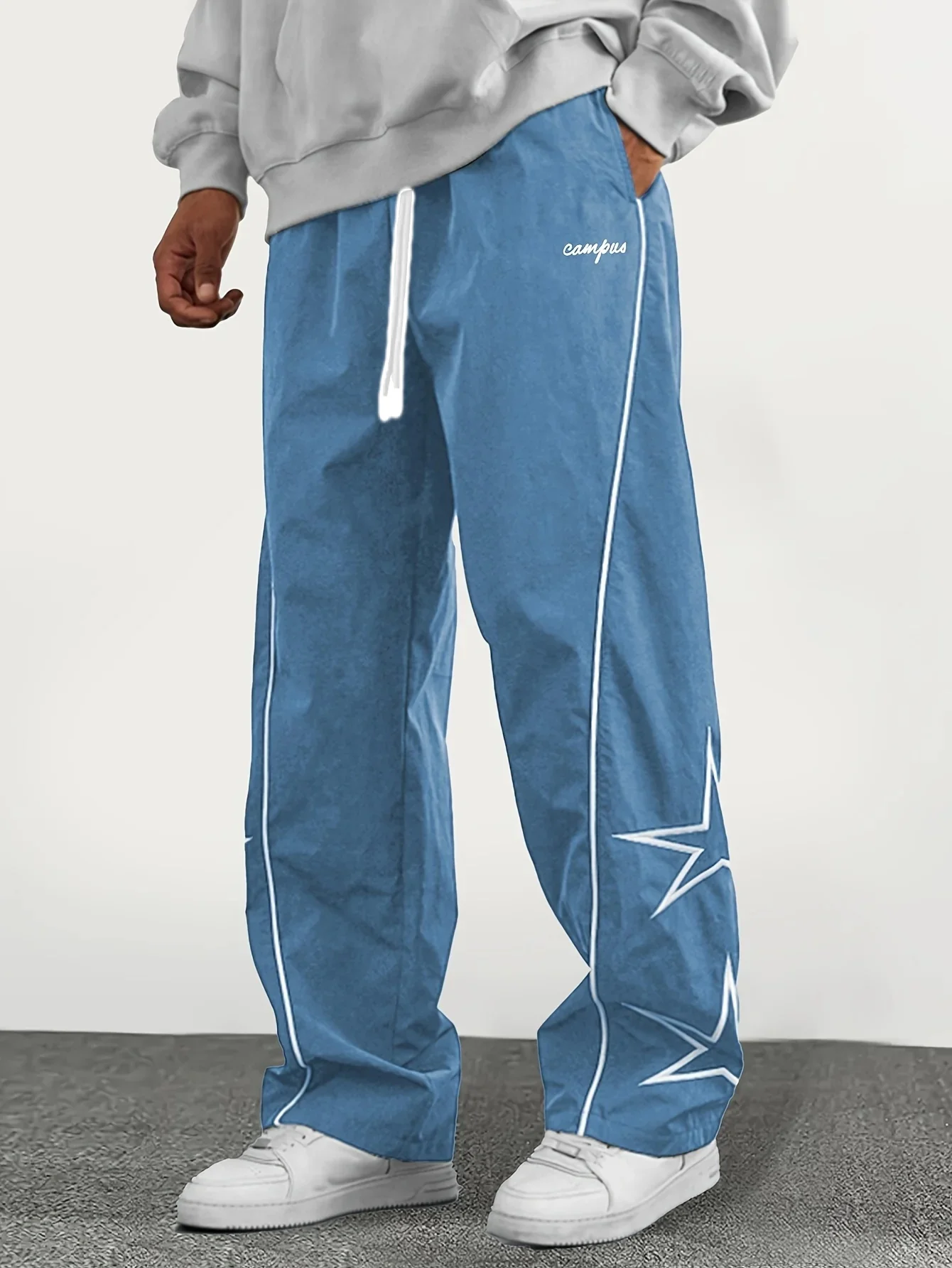 

Мужские летние брюки 2026: быстросохнущие, дышащие, широкие, с принтом Campus Star, синие, с кантом, на шнурке, свободные, повседневные, в уличном стиле