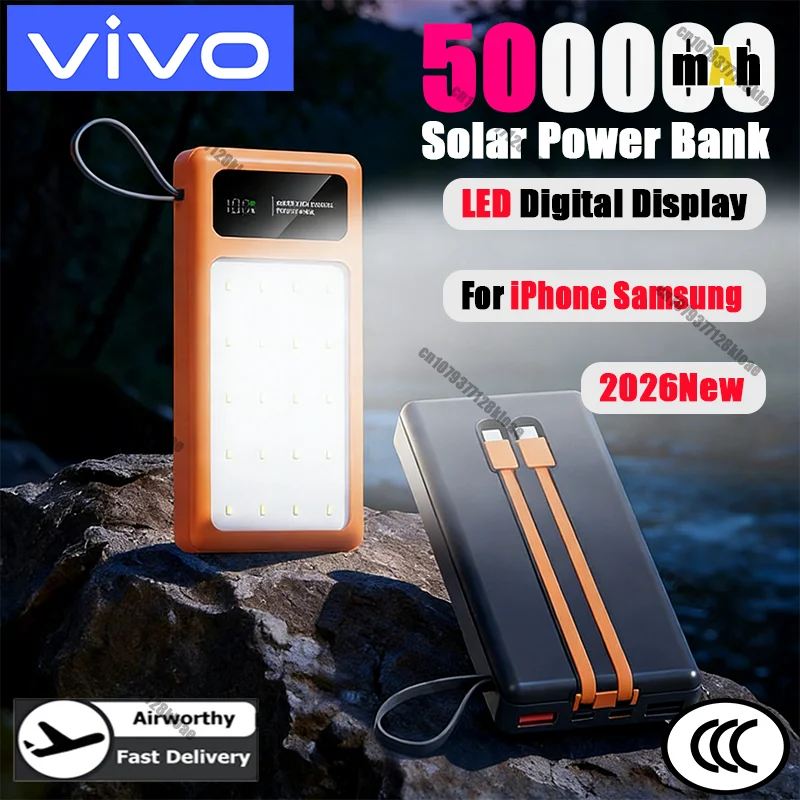 

Портативный внешний аккумулятор VIVO 500000 мАч на солнечной энергии с быстрой зарядкой PD22.5W для iPhone Samsung, новинка 2026 года