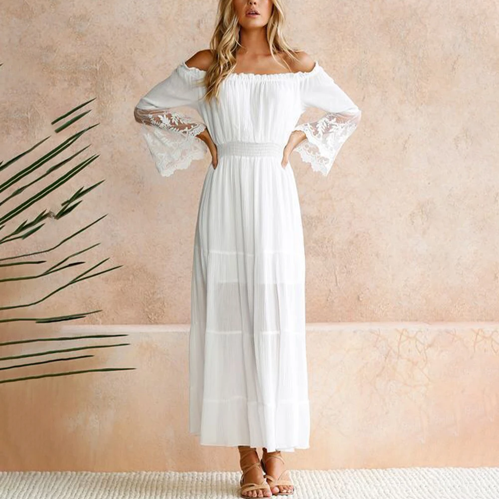 

Women's Loose Fit White Lace Strapless Beach Dress Bohemian Style Long Sleeve Dress for Weddings and Summer Parties