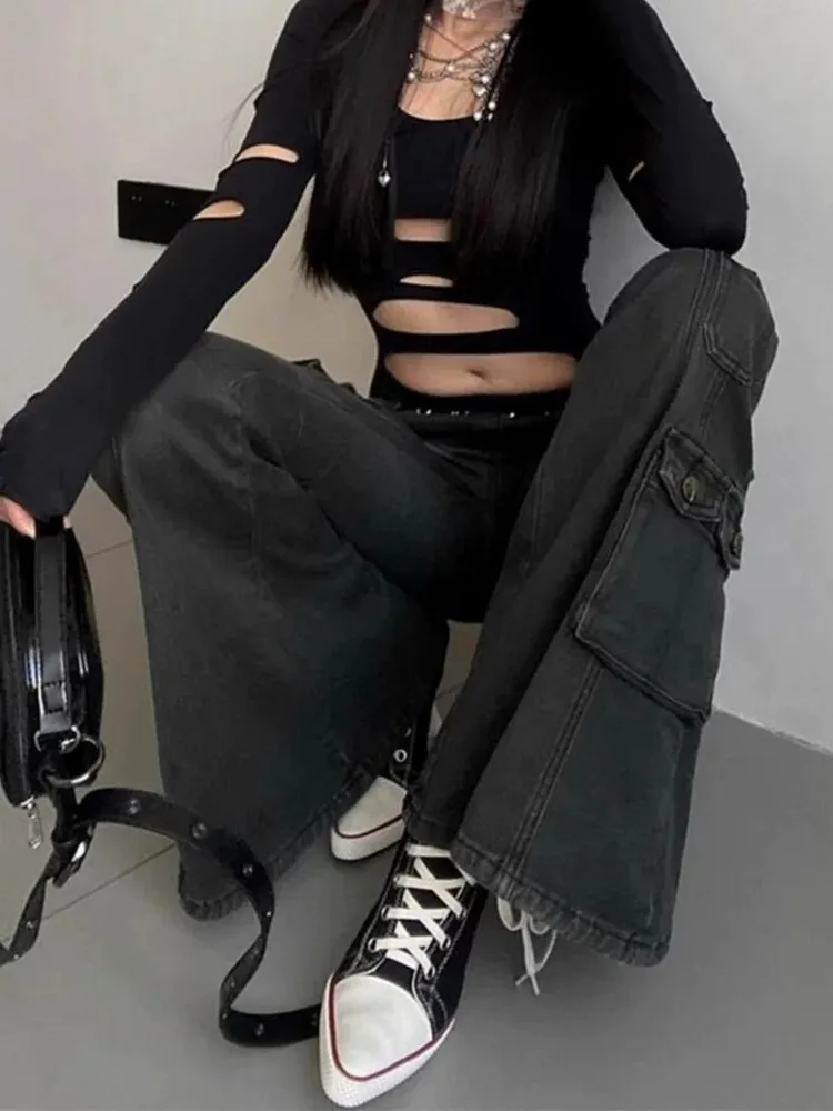 

American Y2K Retro Low Waist Wide Leg ket Detail Workwear Denim Pants Women Slimming Floor Length Hot Girl Sle Jeans