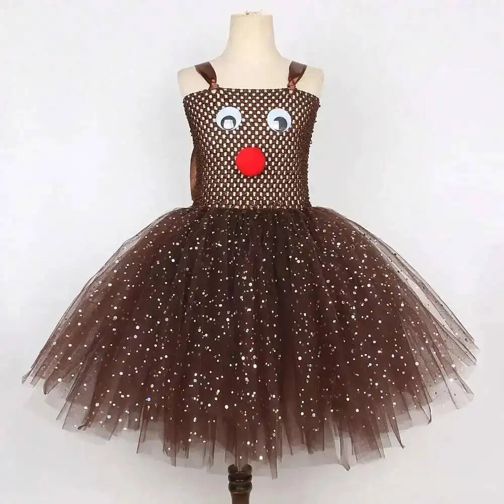 Christmas Reindeer Costume for Girls Xmas Deer Holiday Tutu Dress Kids Sparkly Brown Tulle Fancy Outfit with Antler Headband