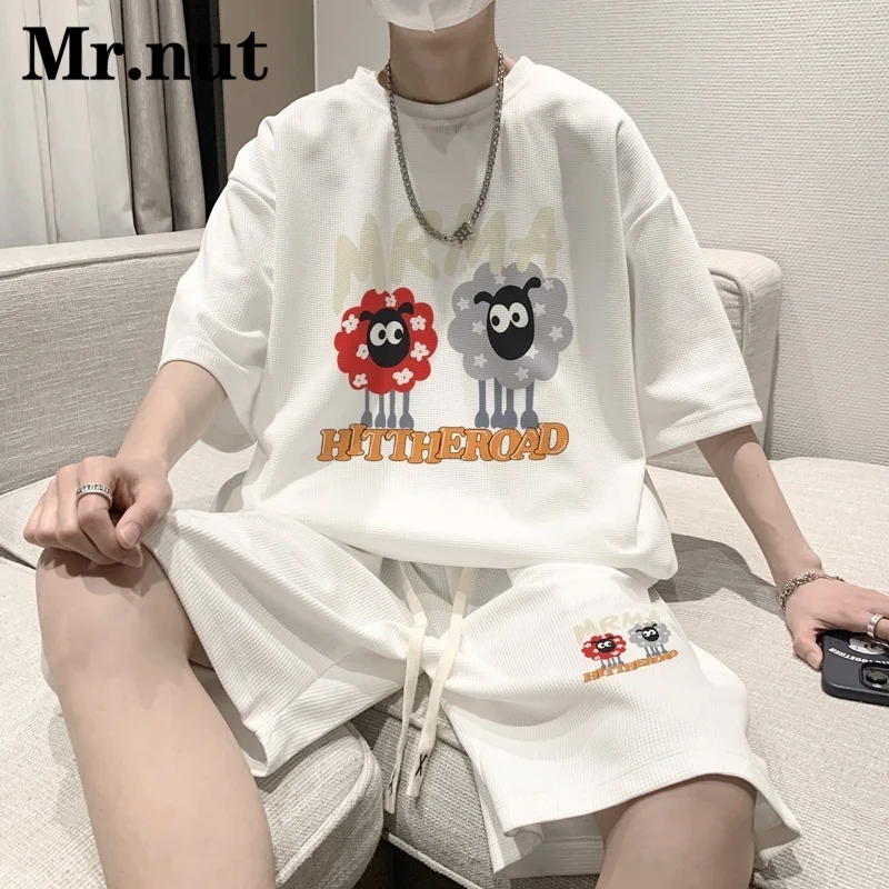 

Mr.nut Sheep Pattern Two Piece Set Women Stylish T Shirt Suit Casual Summer Kawaii Couple Clothing Loose Youth Men Streetwear