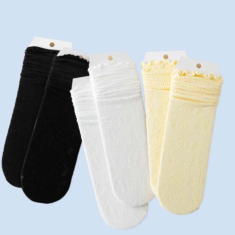 5/10 Pairs Summer Thin Cotton Socks Breathable Sweat-Absorbent Hollow Small Flower Wood Ear-edge Long Socks for Women
