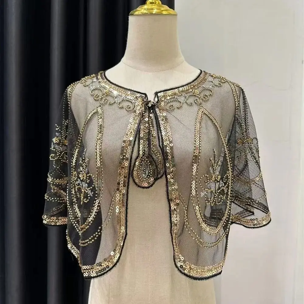 

Ретро-пончо с пайетками в винтажном стиле, короткое пальто-накидка с блестками и бисером, короткая накидка в стиле 1920-х годов, вечерний шаль