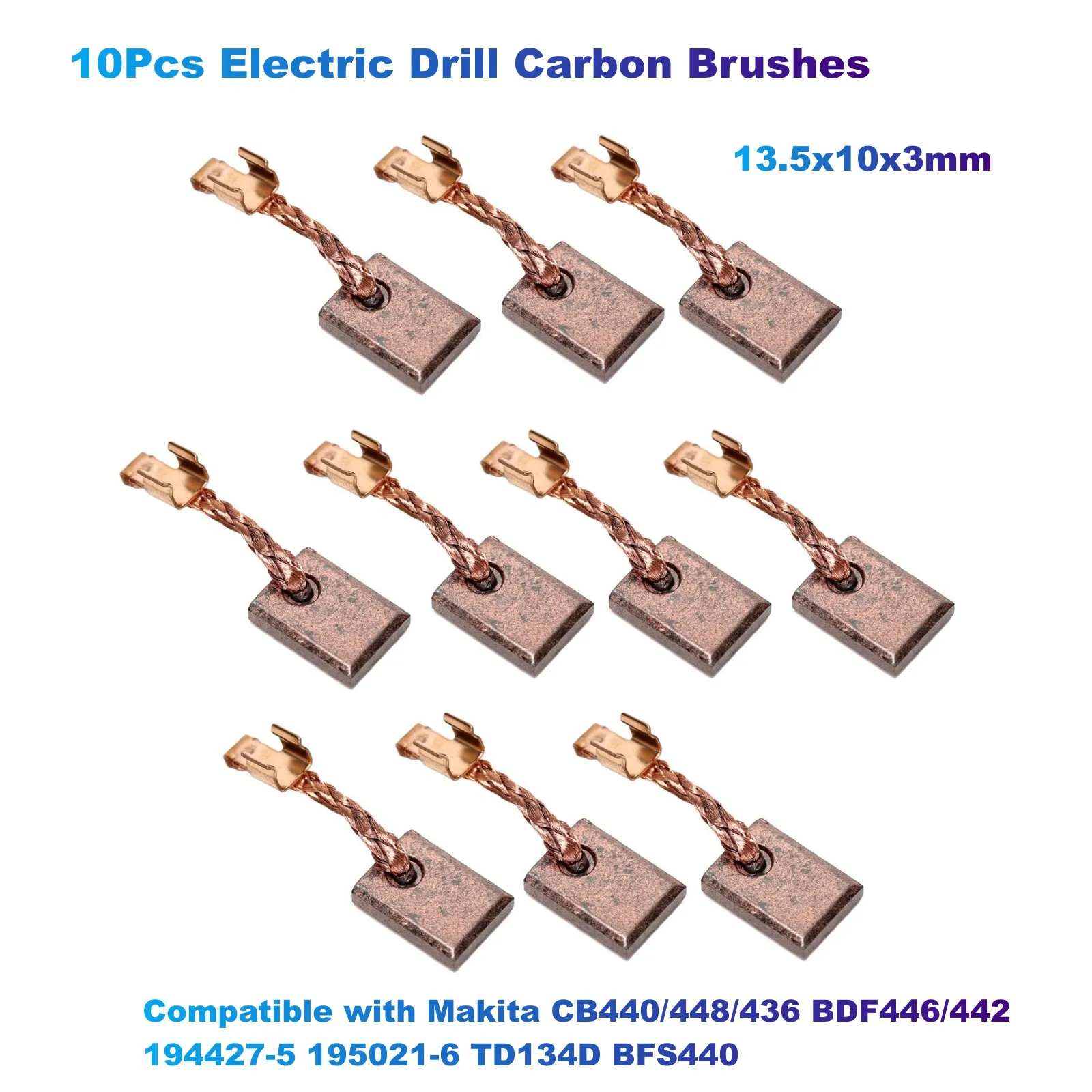 10Pcs Electric Drill Carbon Brushes 13.5x10x3mm Compatible with Makita CB440/448/436 BDF446/442 194427-5 195021-6 TD134D BFS440