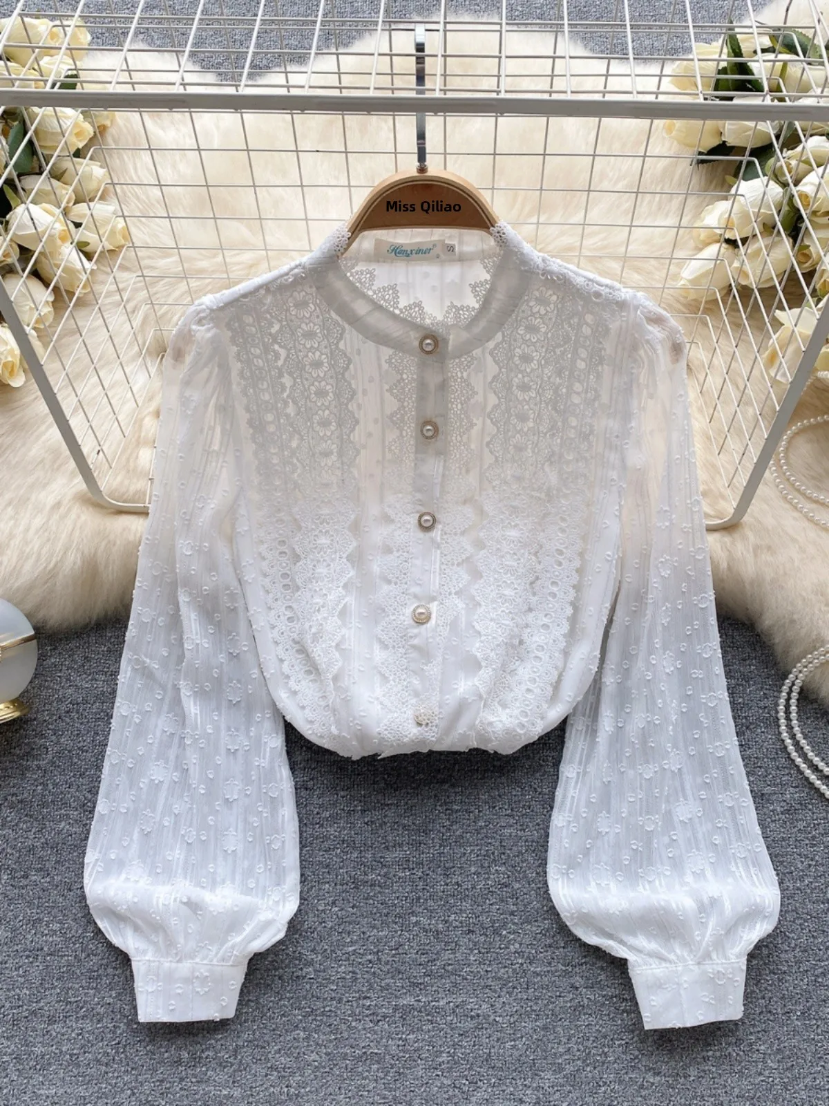 

Faionable Lace irt Women's Slim Fit Spring Autumn 2023 New Sle Stand Collar Thin Bubble Sve Base Top Korean Sle