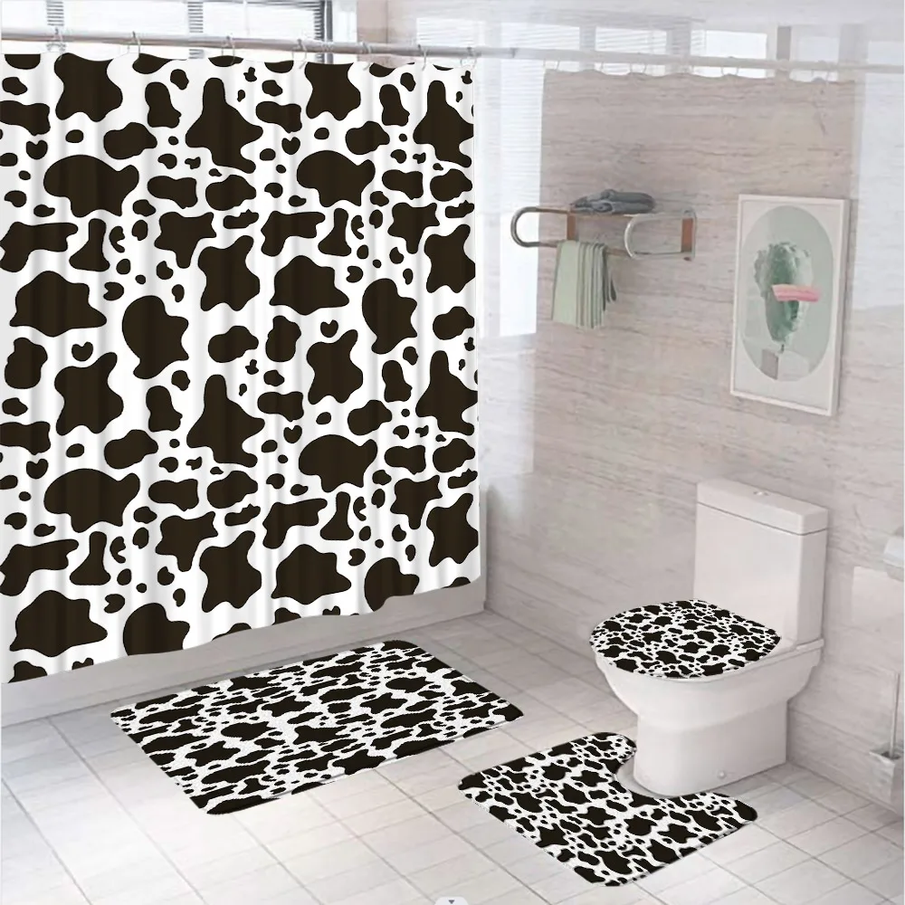 

Black White Cow Spots Leopard Shower Curtain Sets Animal Fur Bathroom Curtains Non-Slip Bath Mat Pedestal Rug Lid Toilet Covers