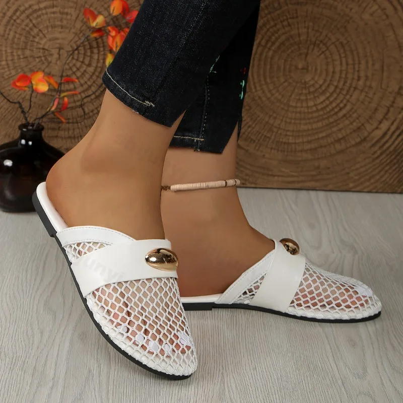 Fashion Leopard Design Casual Flat Half Slippers for Women 2025 Summer Mesh Hollow Breathable Comfortable Slip on Beach Sandals view 3