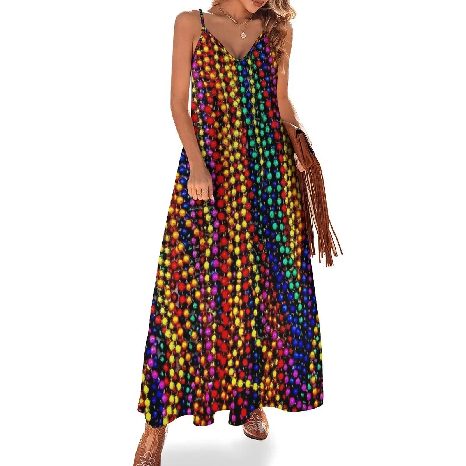 

MARDI GRAS :Colorful Beads Print Sleeveless Dress elegant guest wedding dress summer dress sensual sexy for women