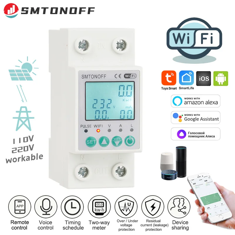 Tuya WiFi 2P 63A Bi-directional Measuring Prepaid kWh Meter Auto-reclosing Over under Voltage Current Protector Timer Switch