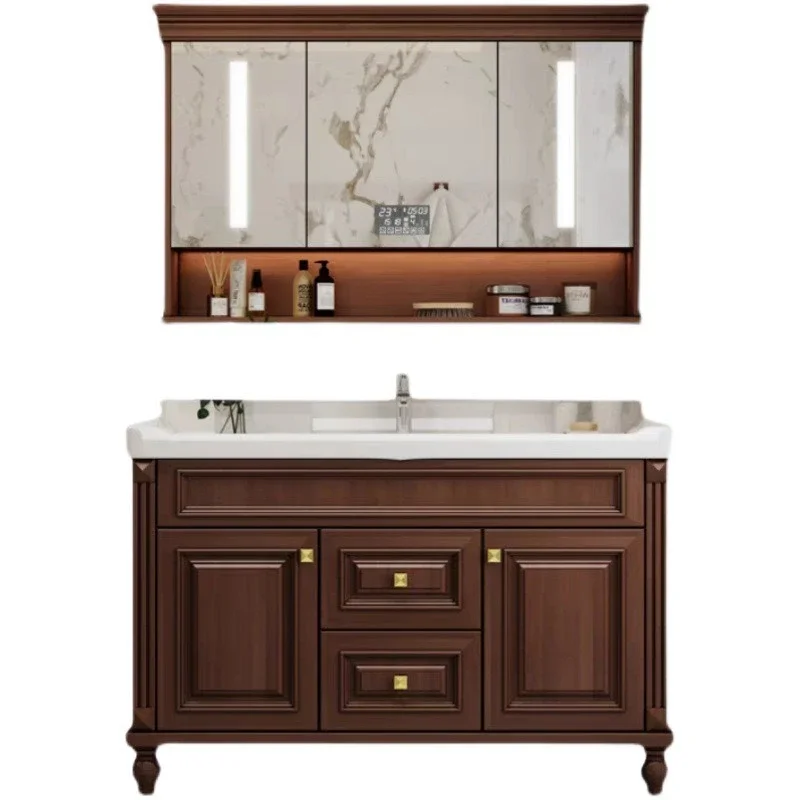 ceramic basin American bathroom cabinet New Chinese solid wood bathroom cabinet Rock slab integrated washbasin cabinet