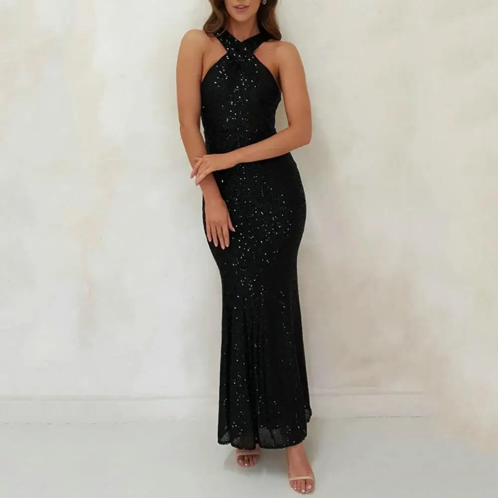 

Open-back Gown Halterneck Bridal Dress Elegant Sequin Halter Neck Evening Gown for Women Backless Slim Fit Sheath Dress Ankle