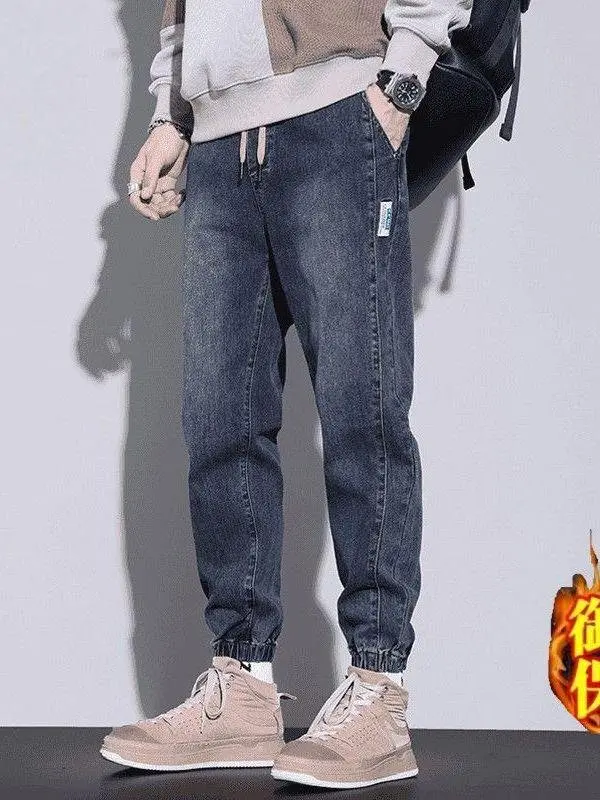 

Мужские утепленные джинсы на флисовой подкладке для осени и зимы, с высокой талией, с отворотами, повседневные, прямого кроя, винтажные, подходят для делового стиля