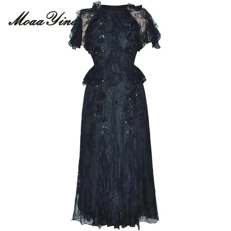 

MoaaYina Round Neck Short Sleeved Sequined Nail Bead Three-Dimensional Flower Ruffle Lace Princess Style Dress 2025 Summer New