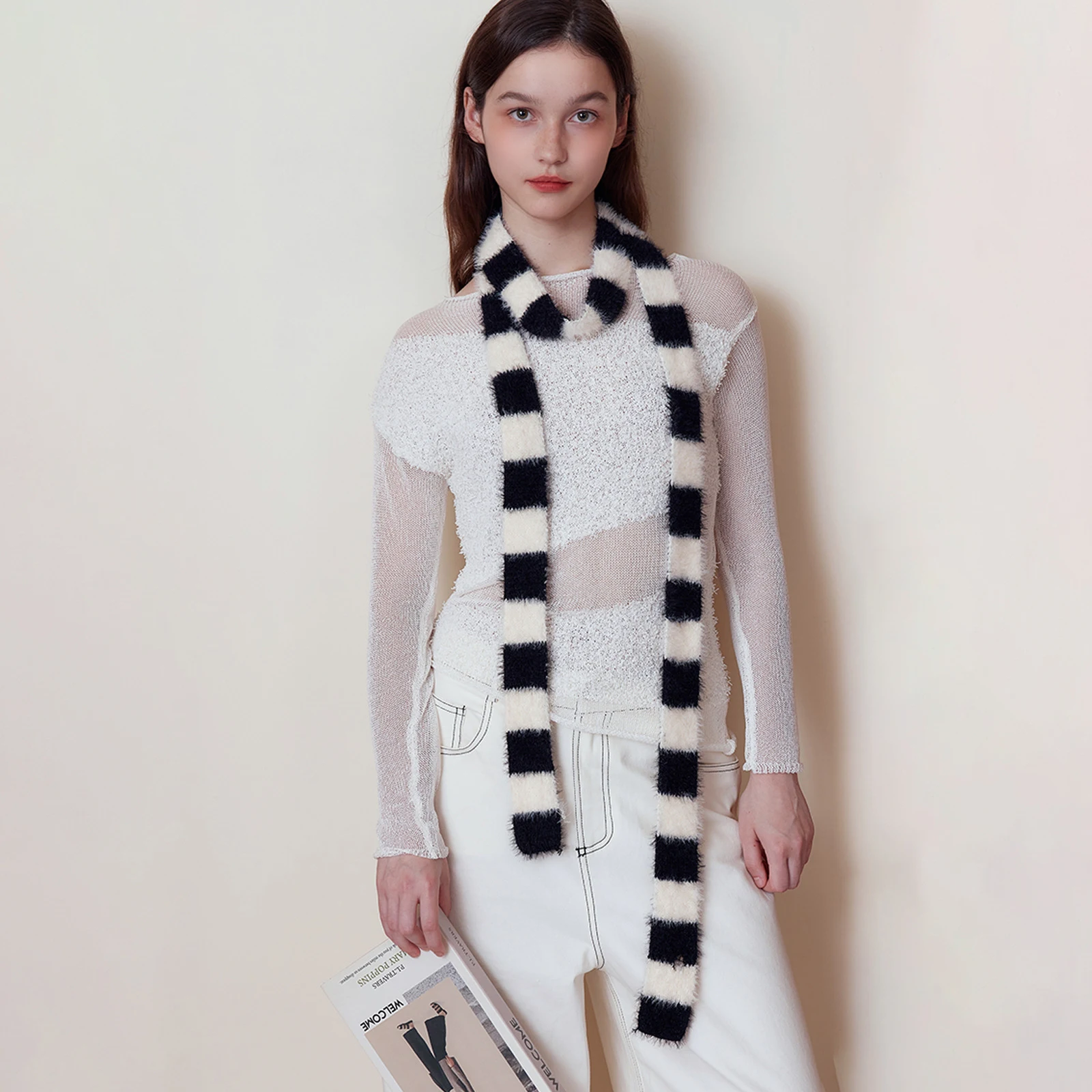 

4.5cm*195cm Small Narrow Striped Scarf Y2K Style Women Knit Long Fluffy Scarf Black white Stripes