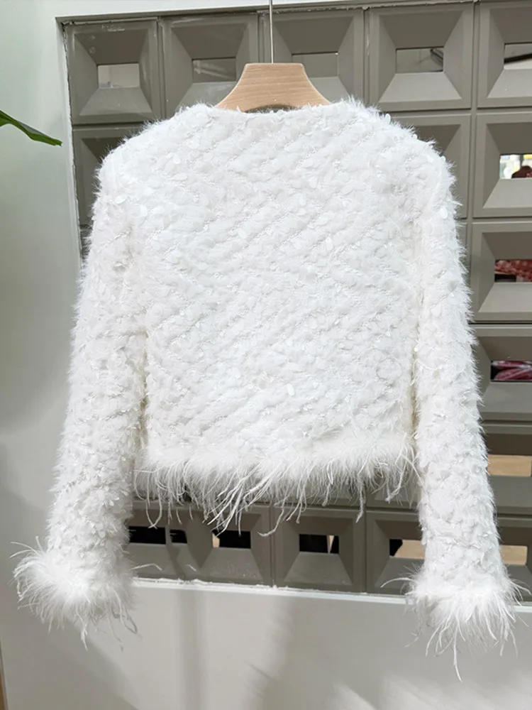 DFDG2025 Cappotto di paillettes di piume di lusso di design da donna primavera autunno Cappotto girocollo patchwork ricamato jacquard corto moda