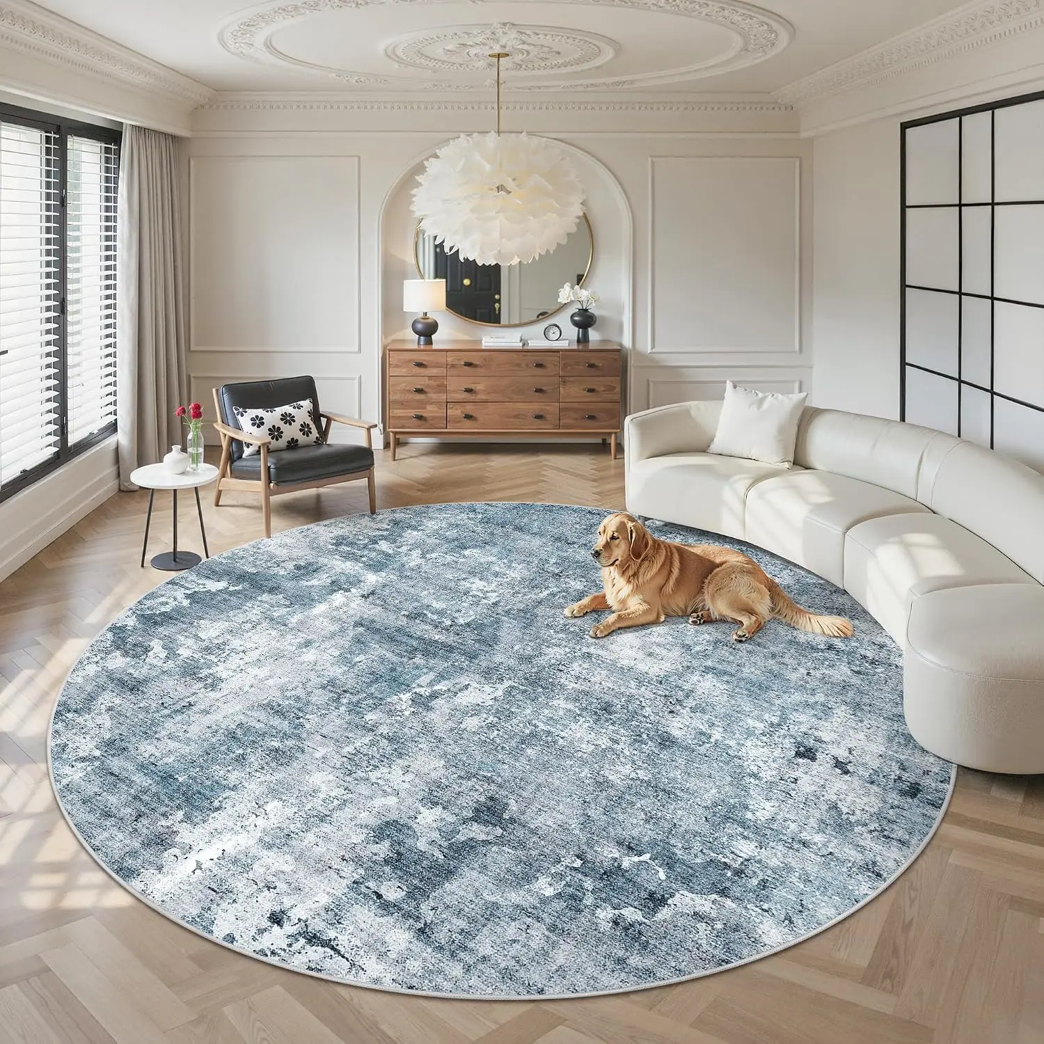 Large Round Plush Abstract Distressed Blue Grey Washable Area Rug Carpet for Living Room Sofa Polyester Fluffy Boho Home Decor M