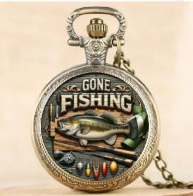 Vintage Gone Fishing Pattern Quarz-Taschenuhr mit Anhängerkette – Weltzeitfunktion, elektronisches Antrieb für Männer und Jugendliche