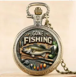 Vintage Gone Fishing Pattern Quartz Pocket Watch with Pendant Chain - World Time Feature, Electronic Drive for Men and Teens