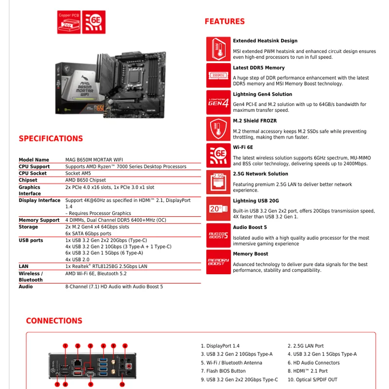 اللوحة الأم MSI MAG B650M MORTAR WIFI تدعم AMD B650 AM5 Ryzen 7 7800X3D 5 7600X 5 8600G 9 7950X3D CPU DDR5 M.2 mATX