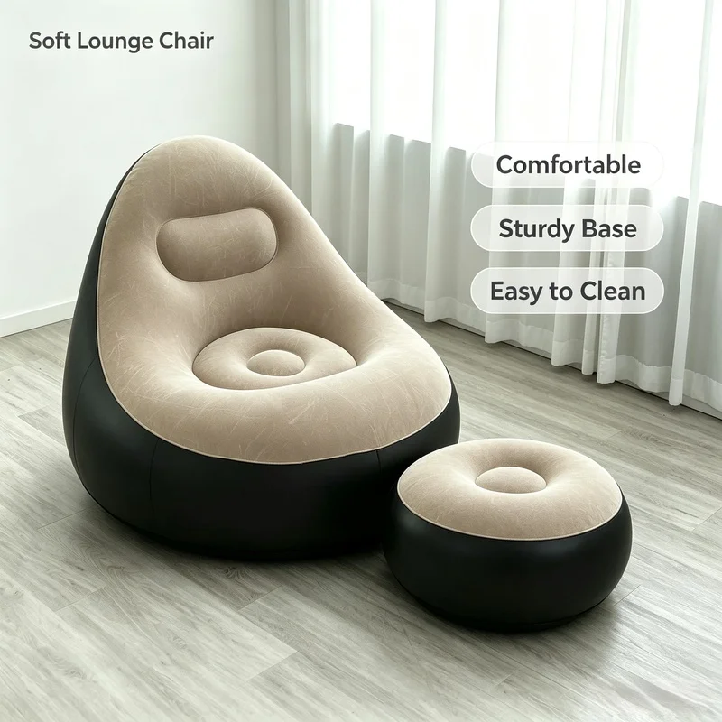 Portable Fold‑Up Inflatable Air Sofa, PVC Flocking Lazy Lounge Chair for Home Backyard Camping Outdoor Rest