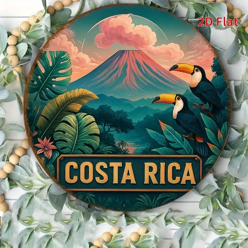 [2D Flat] 1 Stück 20,3 x 20,3 cm Vintage Costa Rica Tropical Landscape Metallschild – Aluminium, 2D Flat Design mit Tukanen und Vulkan, ideal