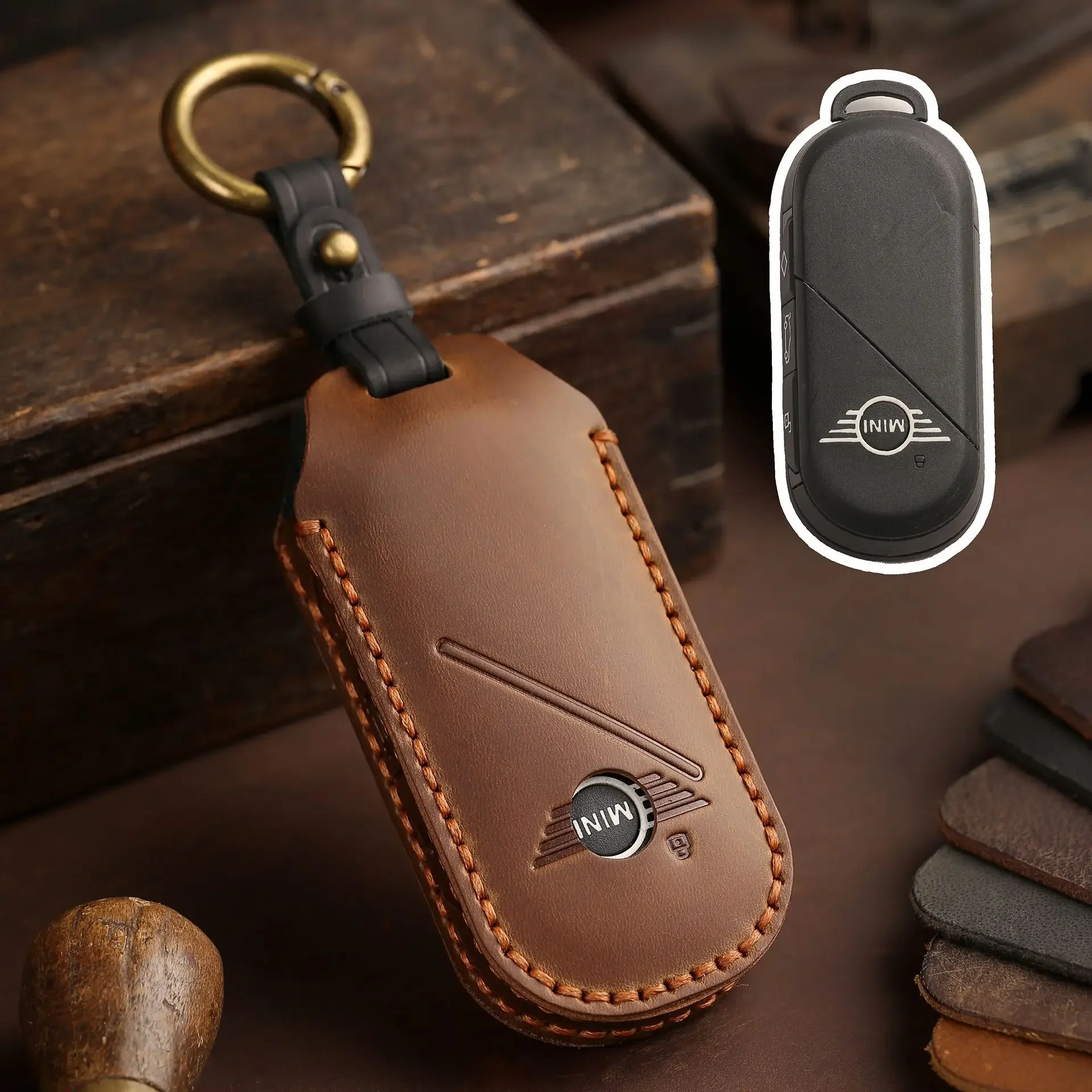 Leather Car Fob Key Case Cover Protector for Bmw Mini Countryman Cooper One 2023 2024 Remote Accessories Holder Shell Keychain
