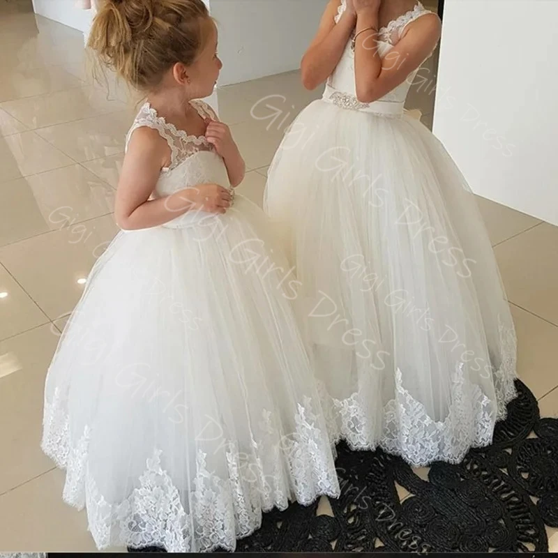 Vestido de niña de flores marfil/blanco para boda, vestido de primera comunión de tul con encaje y fajas con cuentas, Vestidos de novia personalizados