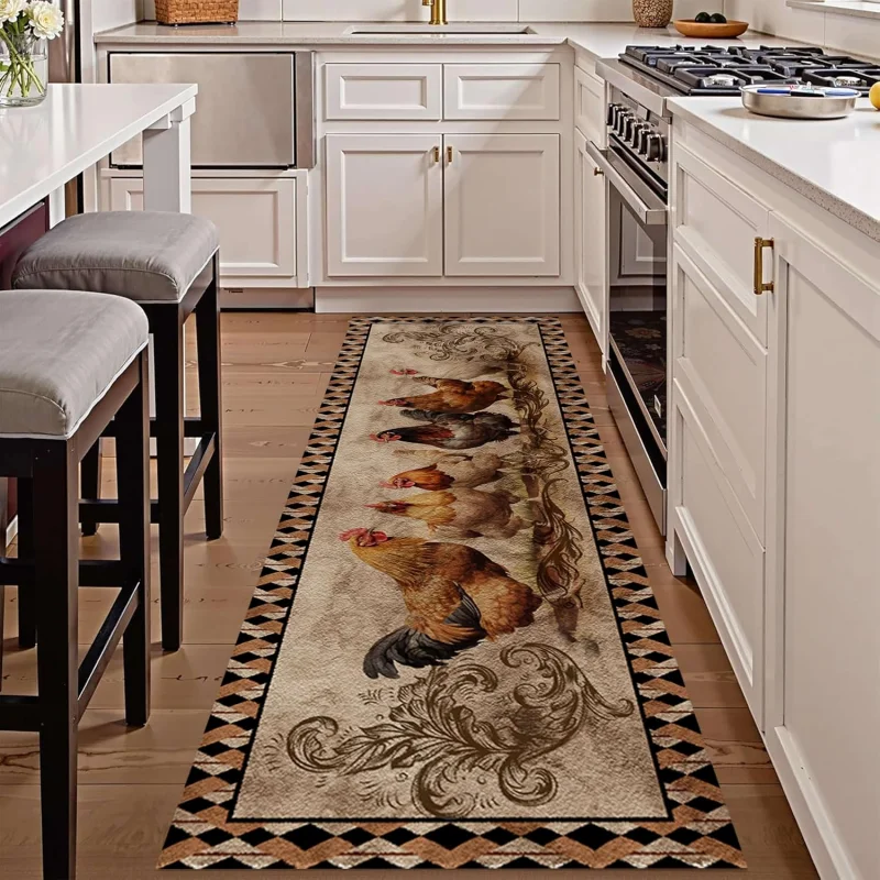 VIKAMA Vintage Farmer Rooster Hallway Carpet Anti Slip Washable Mat Kitchen Dining Room Bedroom Indoor Decor Rug