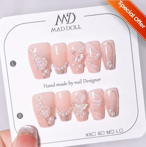 10 Uds. De uñas postizas con diseño tridimensional de mariposa y flor, cubierta completa bonita, puntas de uñas usables para chica dulce