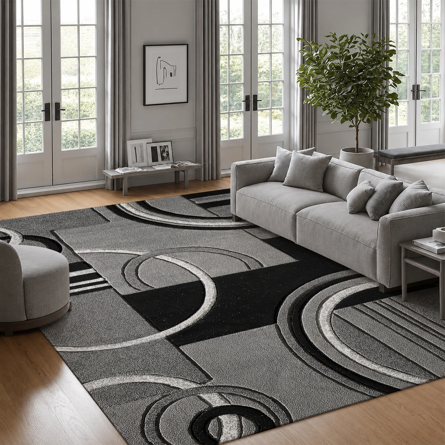 Large Indoor Area Rug, Soft Velvet Low Pile Non-Slip Dotted Backing Machine Washable Modern Gray Geometric Circle Pattern Rug for Living Room Bedroom Home Decor