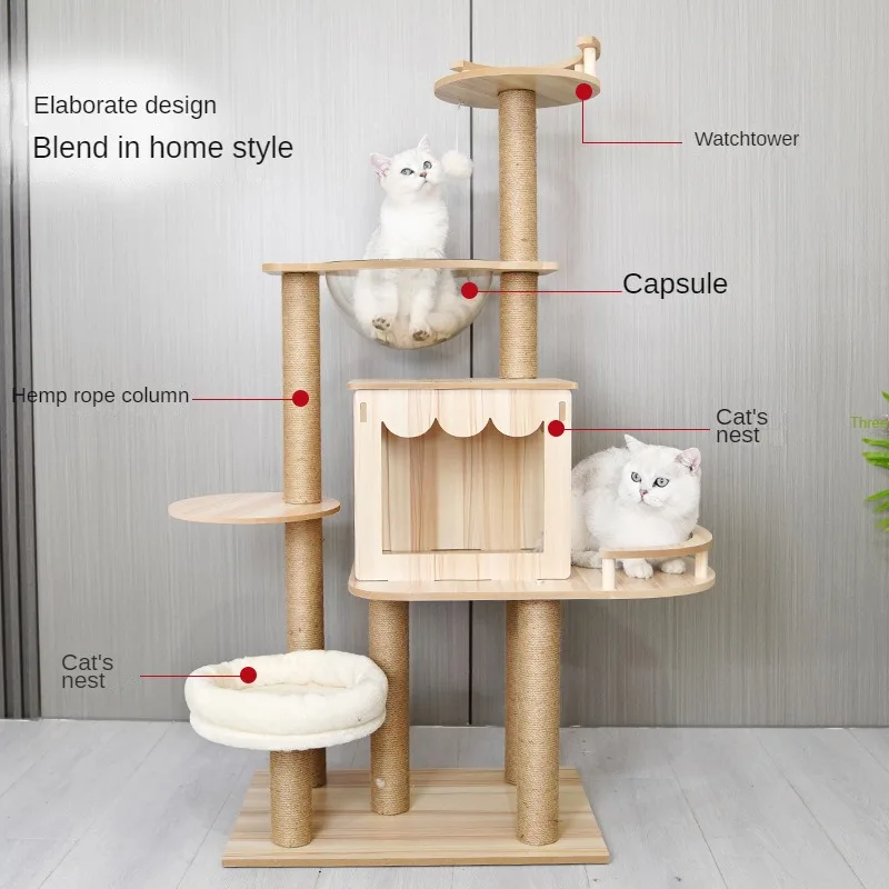 Wooden Cat Towers for Big Cats with Multiple Hamocks, Outdoor Toys, Scratching Pad, Training Supplies, Kitten Accessories